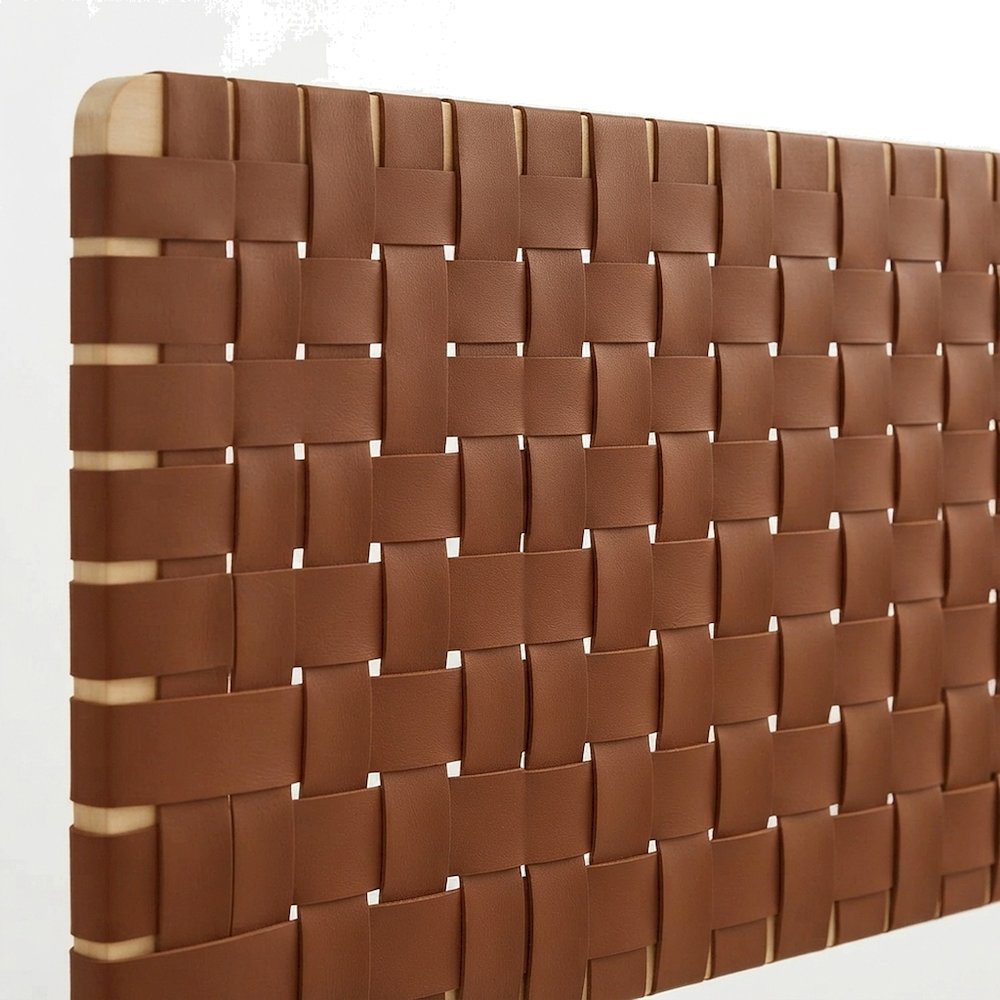 Woven Faux Leather Wall-Mount Upholstered Queen Headboard, Natural Brown