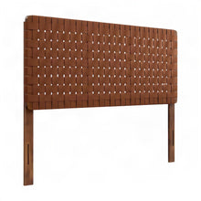 Vegan Leather Upholstered Queen Headboard with Woven Texture, Walnut Brown