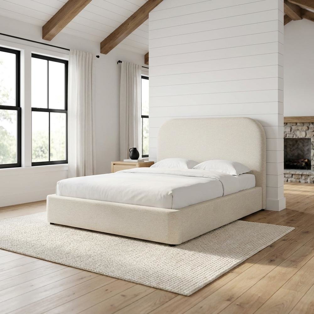 Fabric Curved Platform Bed with Cloud Headboard, Twin Bed Frame, Ivory
