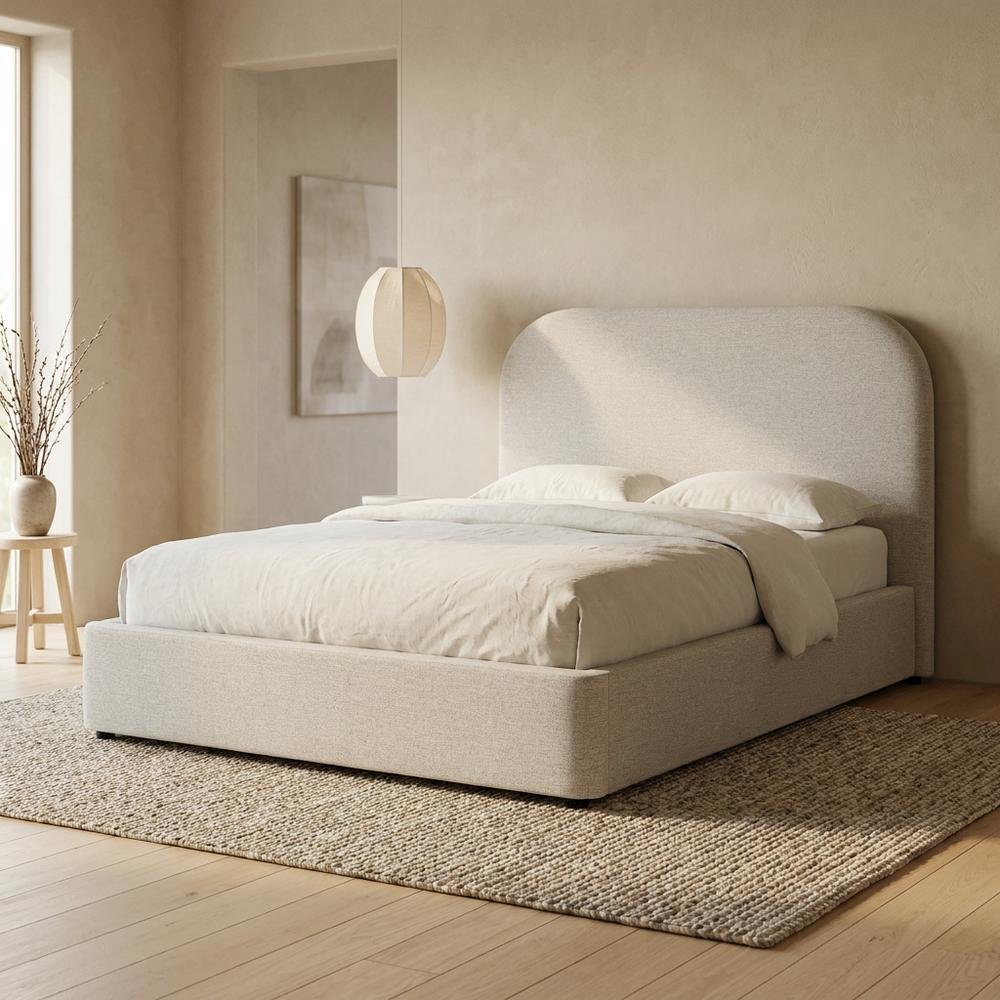 Fabric Curved Platform Bed with Cloud Headboard, Twin Bed Frame, Light Gray