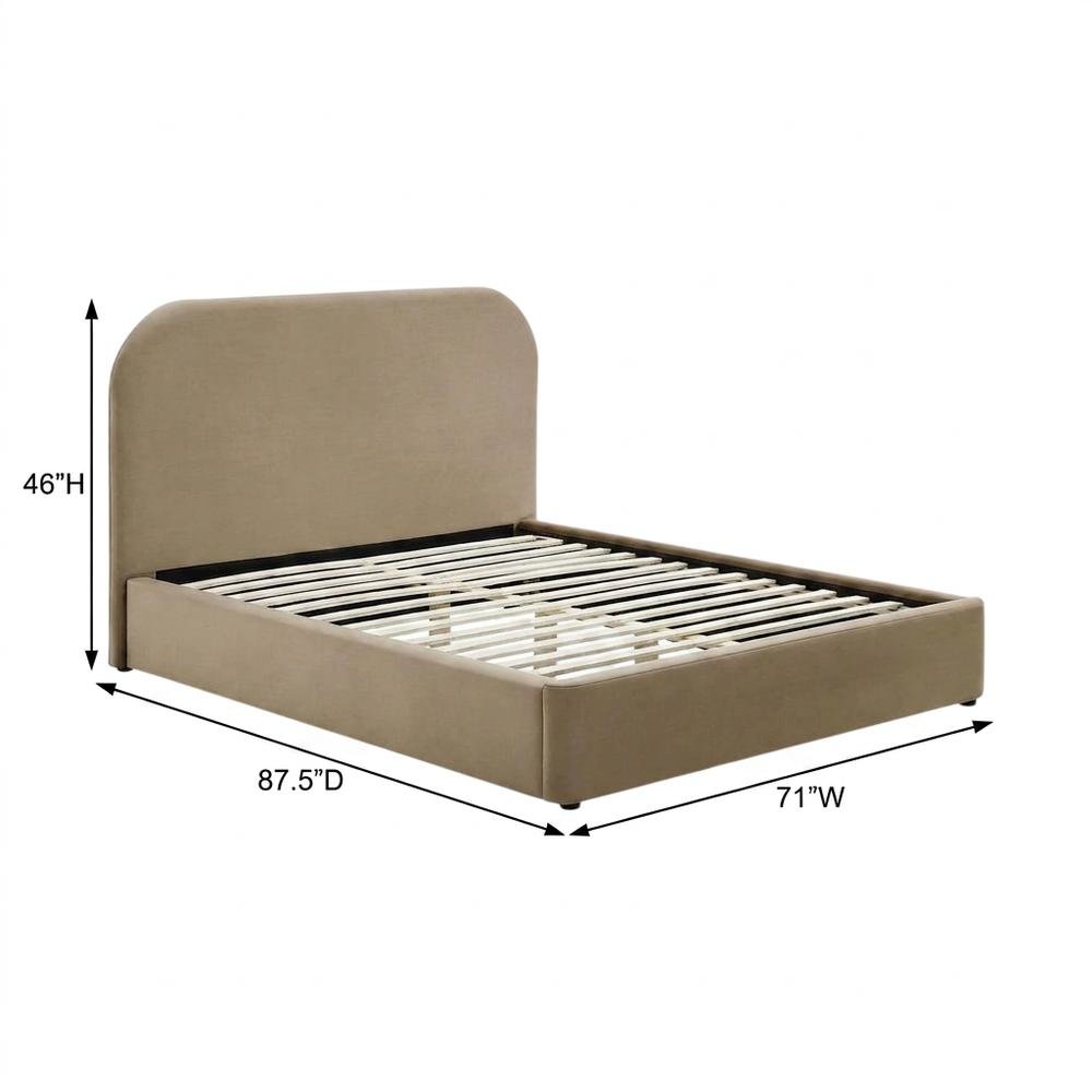 Performance Velvet Upholstered Queen Platform Bed with Curved Headboard, Taupe