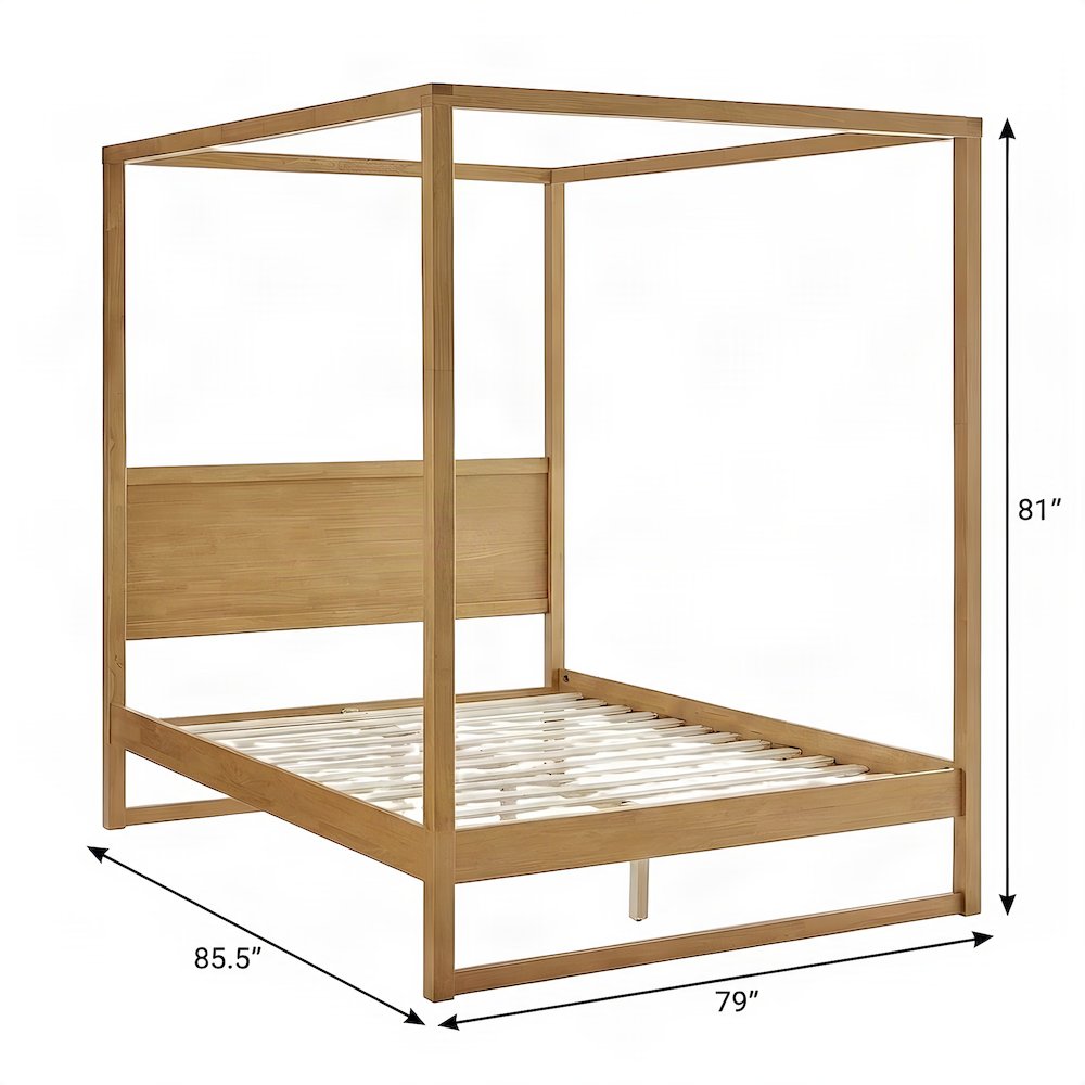 King Size Solid Wood Canopy Platform Bed with Four-Poster Frame Style, Oak