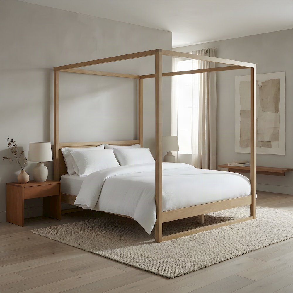 King Size Solid Wood Canopy Platform Bed with Four-Poster Frame Style, Oak
