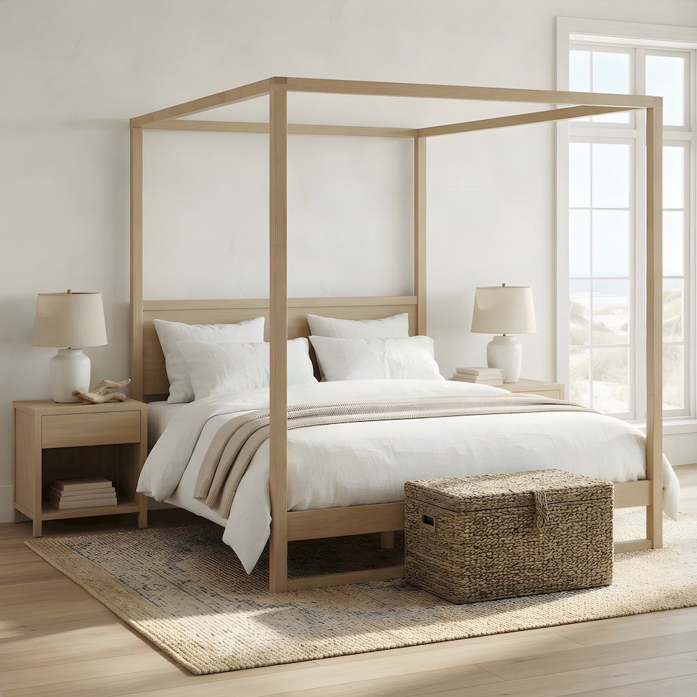 King Size Solid Wood Canopy Platform Bed with Four-Poster Frame Style, Oak