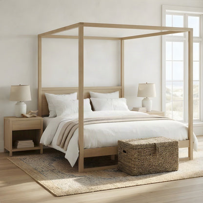 King Size Solid Wood Canopy Platform Bed with Four-Poster Frame Style, Oak