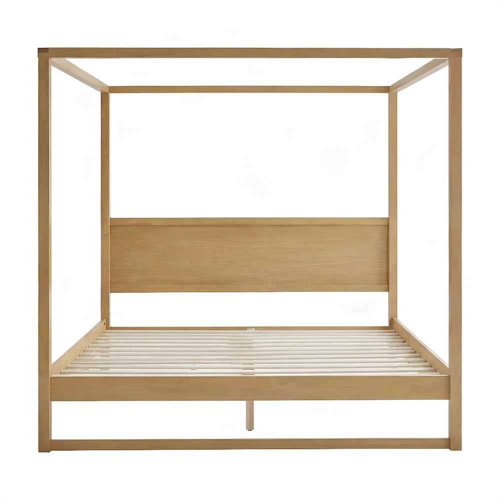 King Size Solid Wood Canopy Platform Bed with Four-Poster Frame Style, Oak