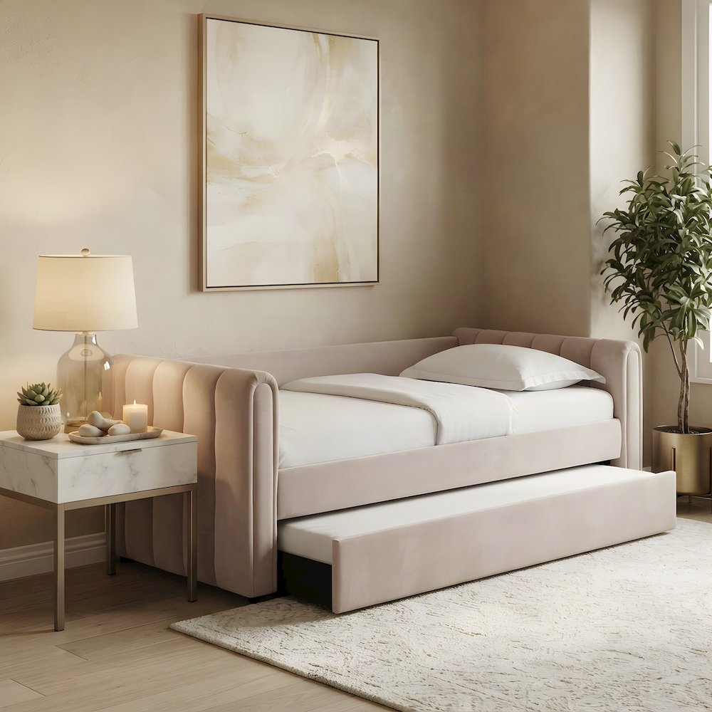 Upholstered Channel-Tufted Performance Velvet Twin Daybed with Trundle, Pink
