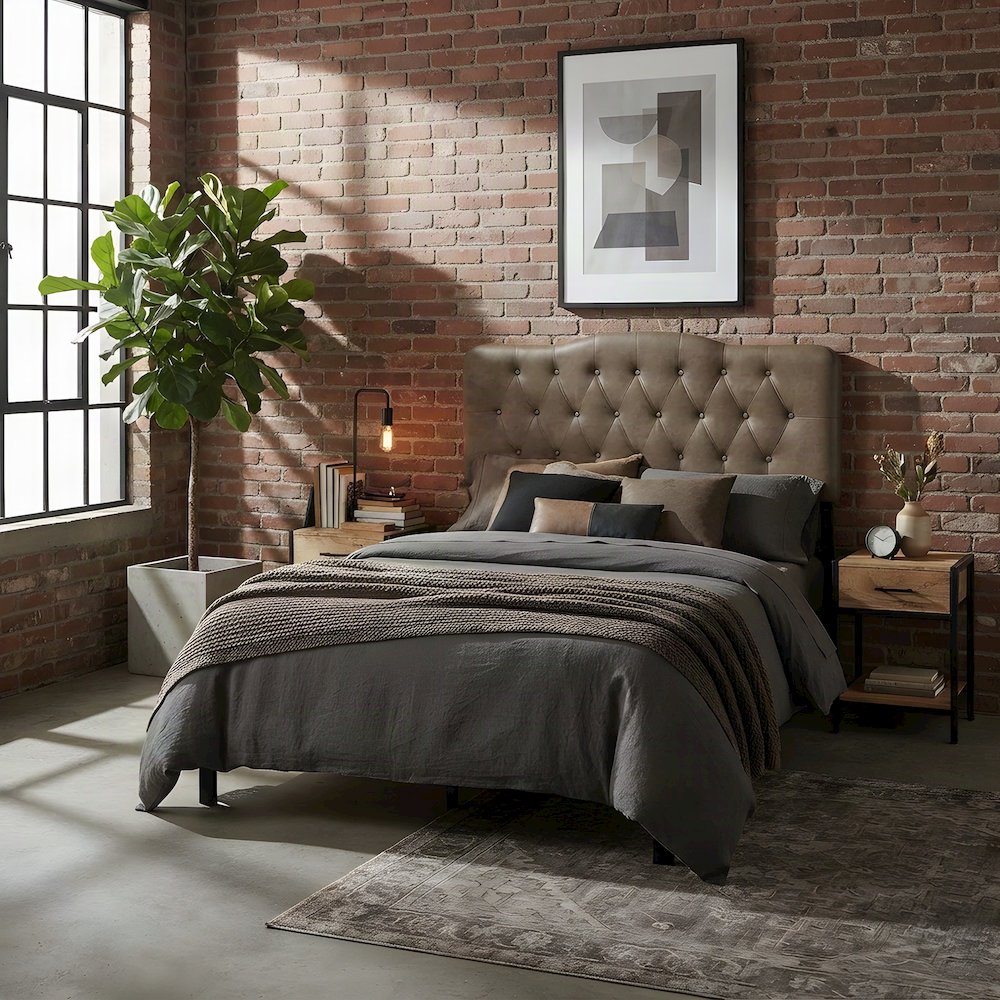 Faux Leather Upholstered Queen Headboard Only with Tall Leg Posts, Mushroom
