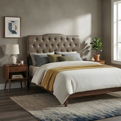 Faux Leather Upholstered Queen Headboard Only with Tall Leg Posts, Mushroom