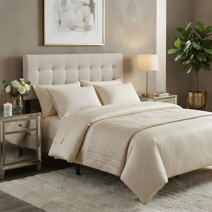 Padded Fabric Upholstered Queen Headboard with Adjustable Height Posts, Linen