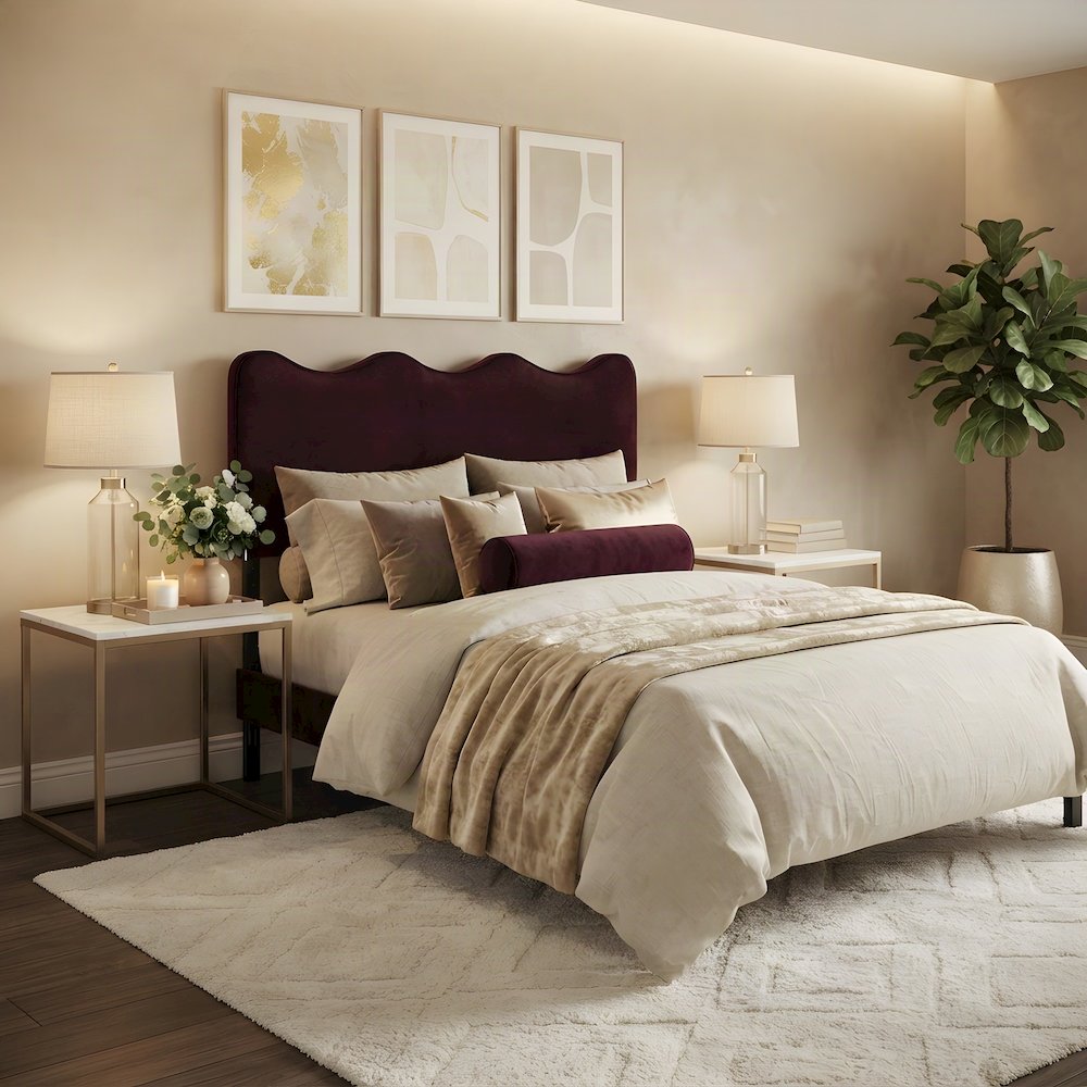 Performance Velvet Upholstered Full Size Headboard for Bed or Dorm, Mulberry