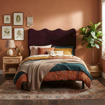 Performance Velvet Upholstered Full Size Headboard for Bed or Dorm, Mulberry