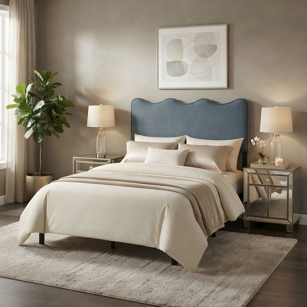Performance Velvet Upholstered Queen Headboard, Adjustable Height, Cadet Blue