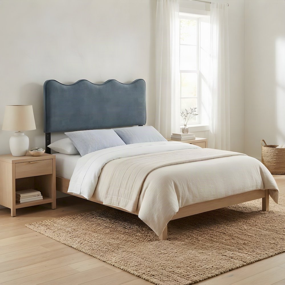 Performance Velvet Upholstered Queen Headboard, Adjustable Height, Cadet Blue