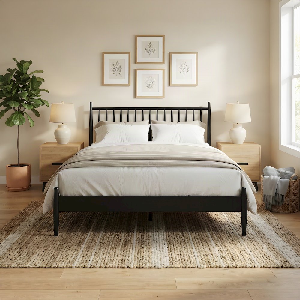 Wooden King Spindle Platform Bed Frame with Spindle Headboard, Black