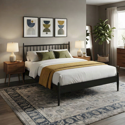 Wooden King Spindle Platform Bed Frame with Spindle Headboard, Black