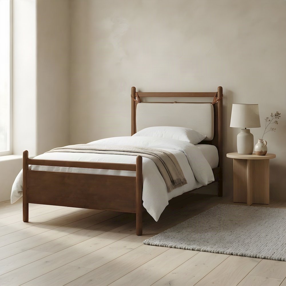 Japandi Wood Twin Platform Bed with Slat Base, Walnut Heathered Ivory