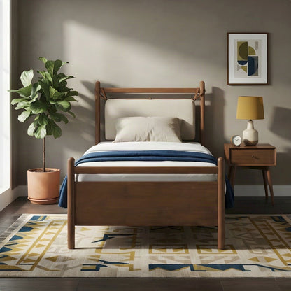 Japandi Wood Twin Platform Bed with Slat Base, Walnut Heathered Ivory