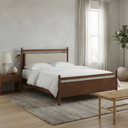 King Wood Platform Bed with Headboard, Mid-Century, Walnut Heathered Ivory