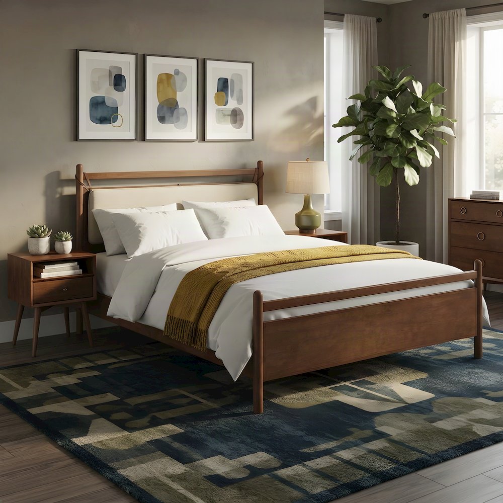 King Wood Platform Bed with Headboard, Mid-Century, Walnut Heathered Ivory