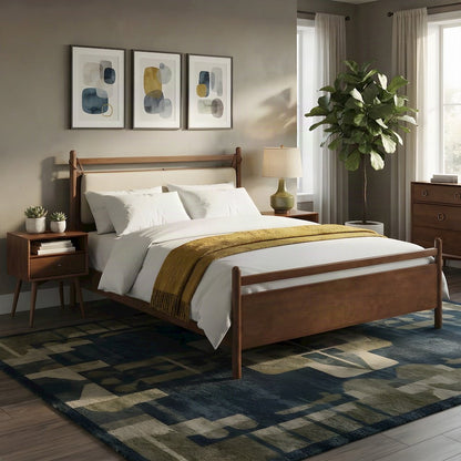 King Wood Platform Bed with Headboard, Mid-Century, Walnut Heathered Ivory