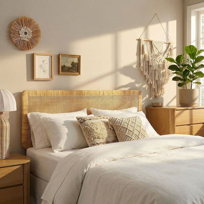 Sandy Wall Mounted Wood and Rattan Queen Size Headboard