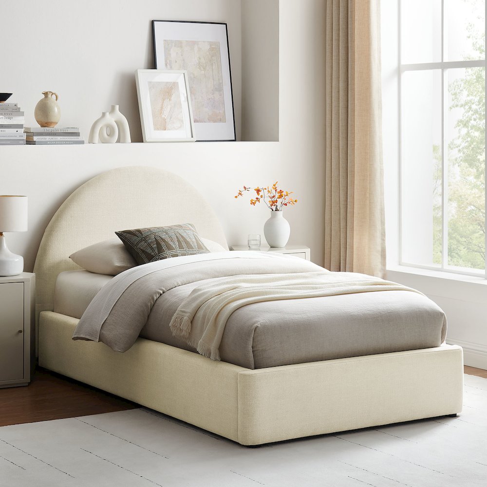 Resort Twin Arched Upholstered Fabric Storage Platform Bed Frame - Ecru