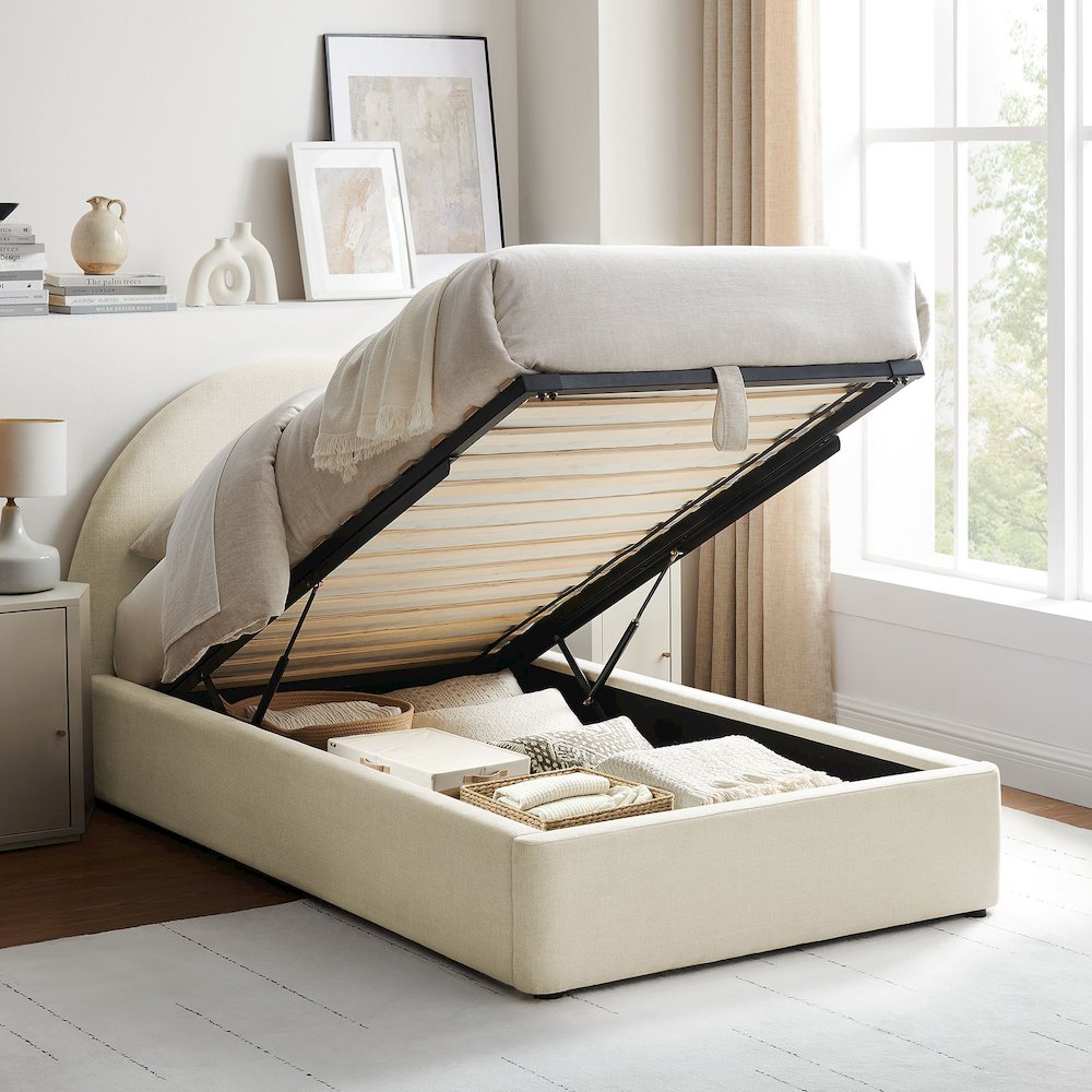 Resort Twin Arched Upholstered Fabric Storage Platform Bed Frame - Ecru