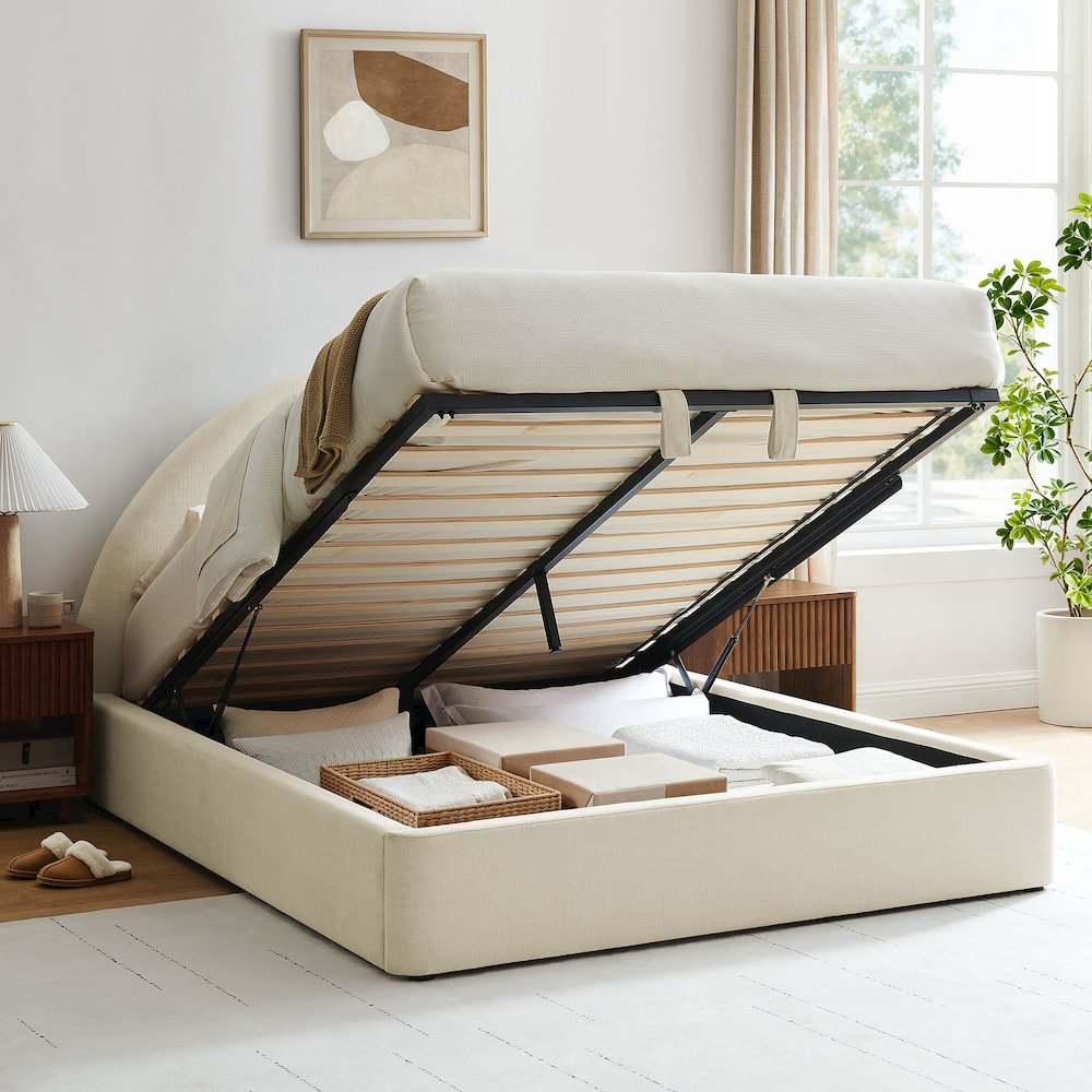 Resort Full Arched Upholstered Fabric Storage Platform Bed Frame - Ecru