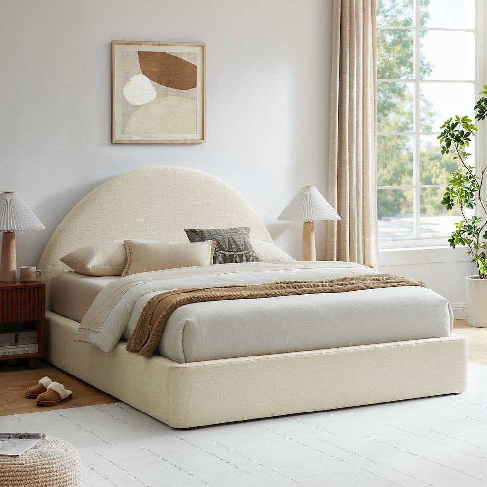 Resort Queen Arched Upholstered Fabric Storage Platform Bed Frame - Ecru