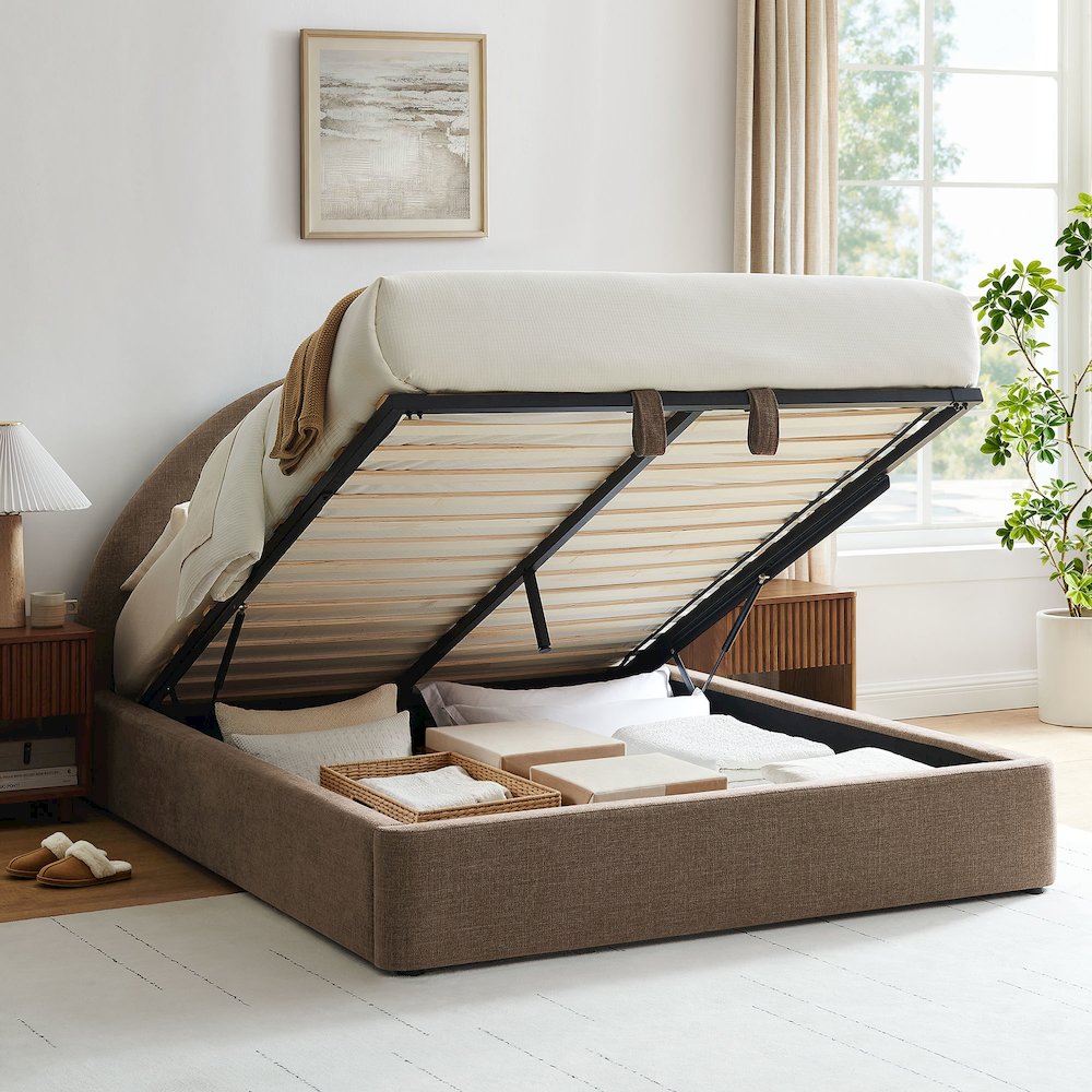 Resort Queen Arched Upholstered Fabric Storage Platform Bed Frame - Mocha