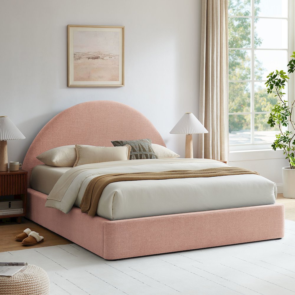 Resort King Arched Upholstered Fabric Storage Platform Bed Frame - Blush