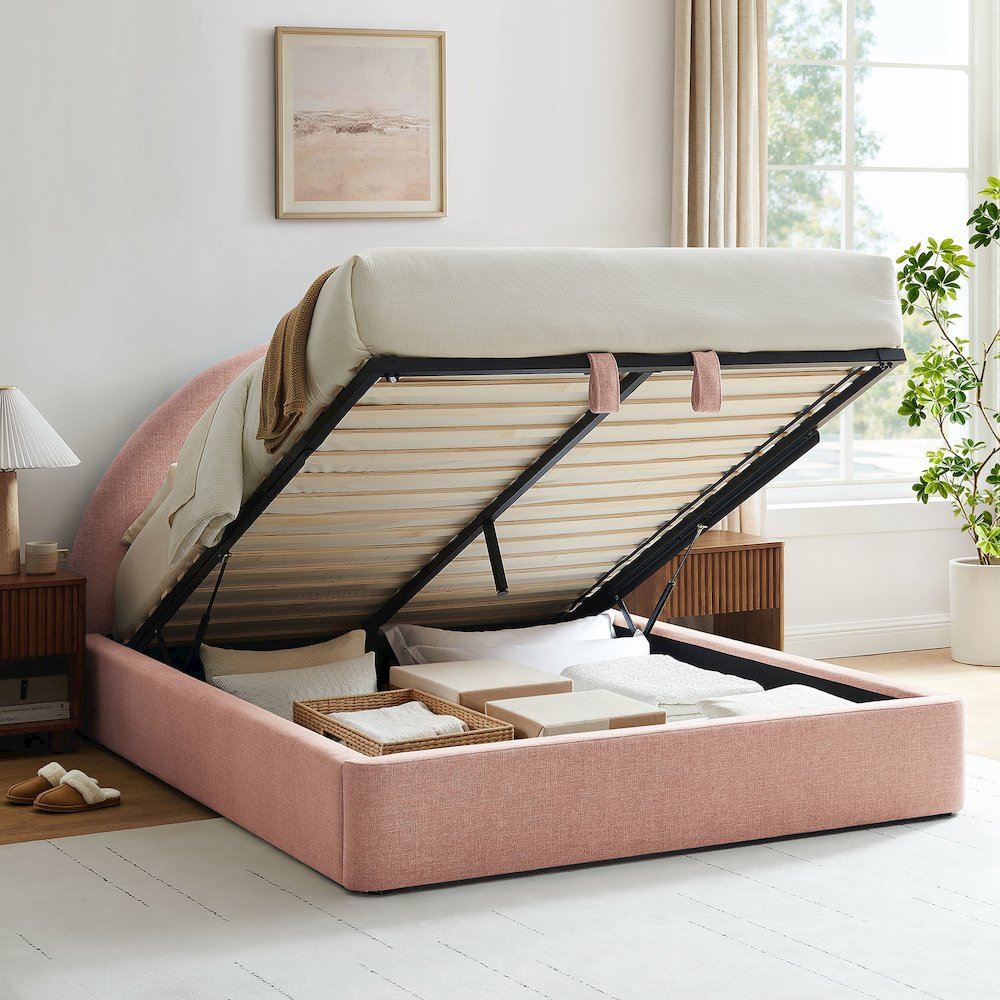 Resort King Arched Upholstered Fabric Storage Platform Bed Frame - Blush