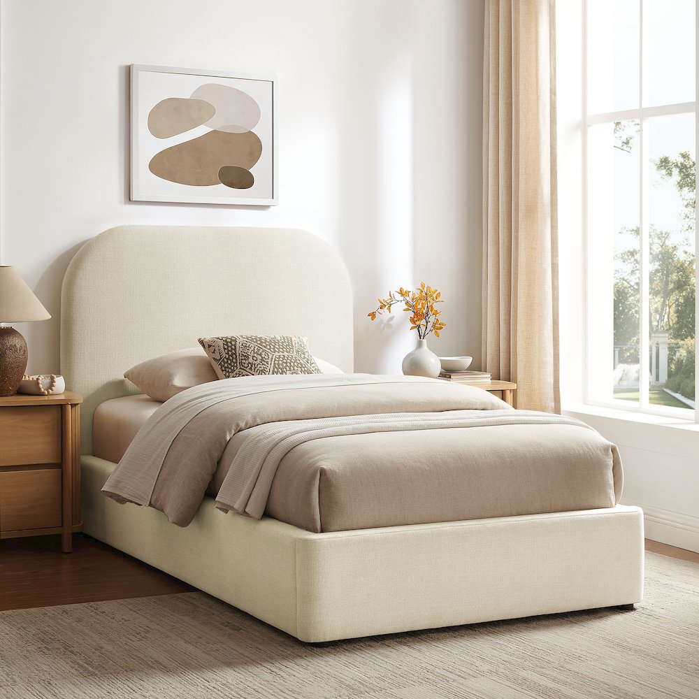 Keynote Twin Fabric Upholstered Storage Platform Bed Frame - Ecru