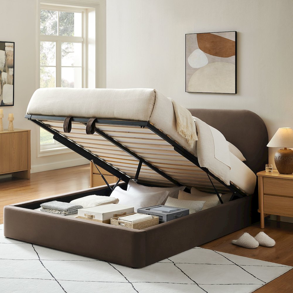 Keynote Full Performance Velvet Storage Platform Bed Frame - Chocolate Brown