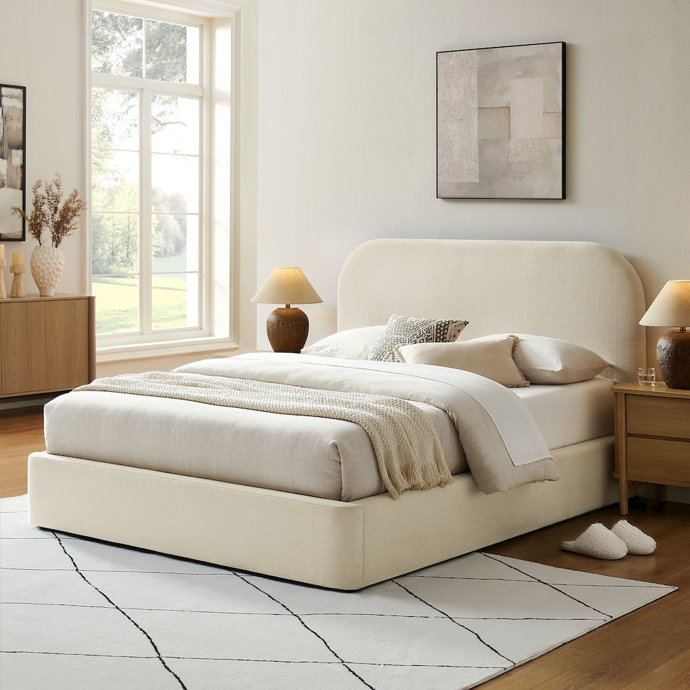 Keynote Full Fabric Upholstered Storage Platform Bed Frame - Ecru