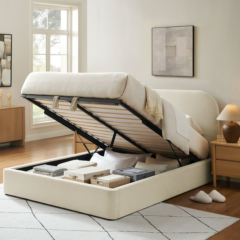 Keynote King Fabric Upholstered Storage Platform Bed Frame - Ecru