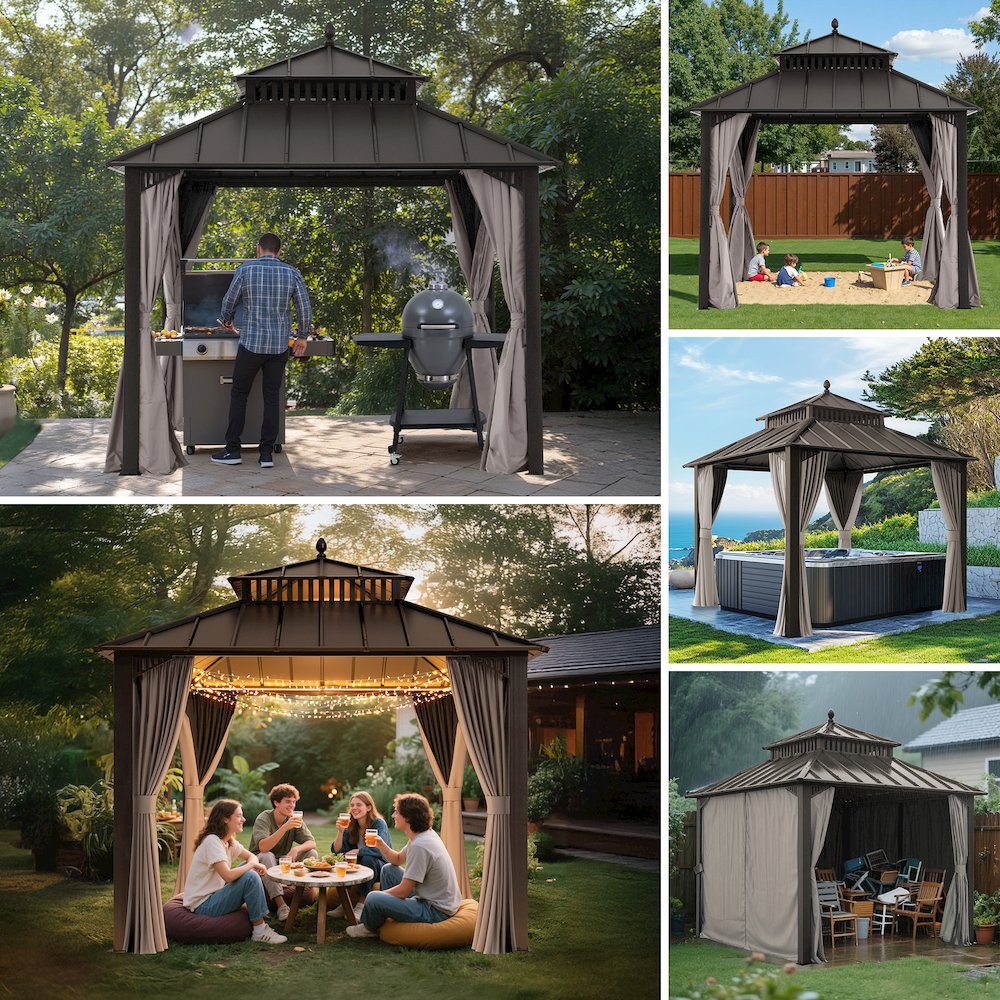 10 ft x 10 ft Hardtop Gazebo with Steel Roof, Brown Aluminum Frame