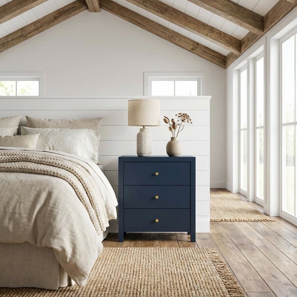Midnight Blue Nightstand with Three Drawers and Casual Style