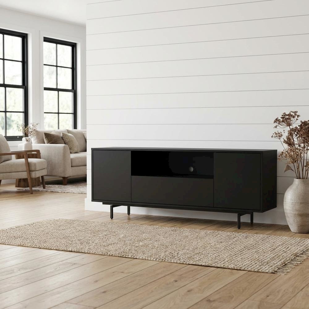 Black Laminate TV Console with 3 Doors and Modern Design