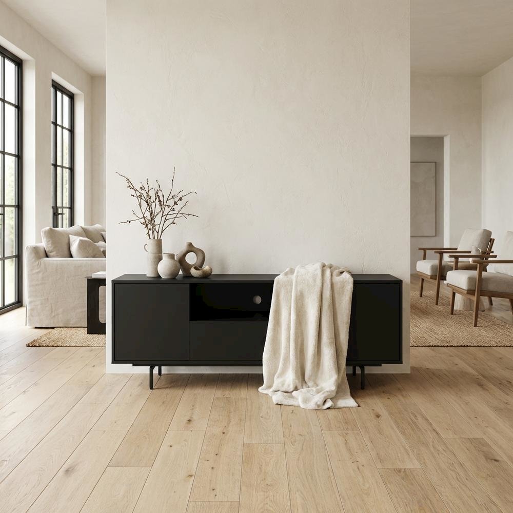 Black Laminate TV Console with 3 Doors and Modern Design