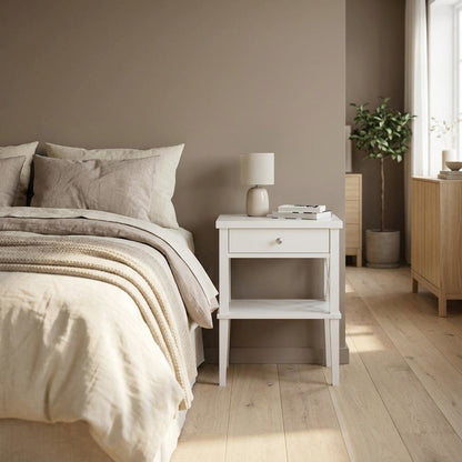 White Nightstand with Hardwood Solids and Mdf for Bedroom Storage