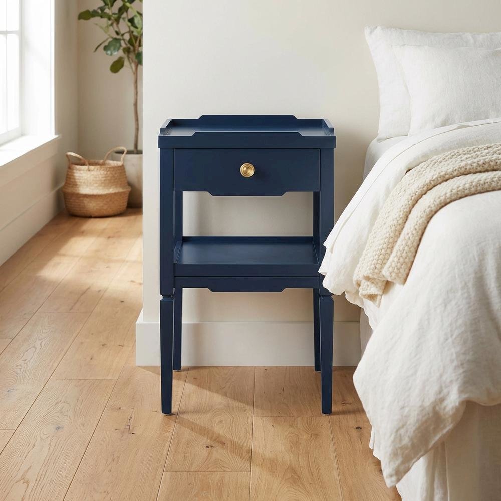 Midnight Blue Nightstand with Gold Hardware and Modern Style