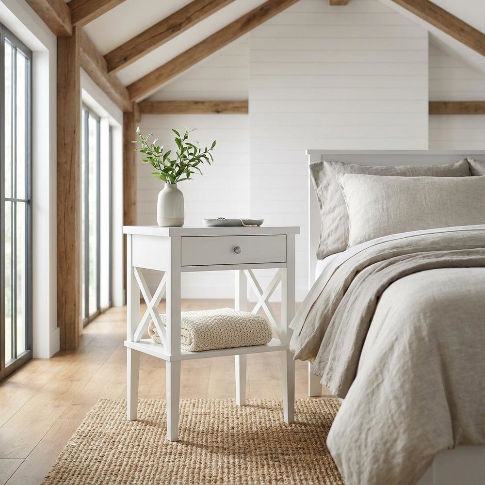 White Nightstand with Hardwood Solids and Mdf for Bedroom Storage
