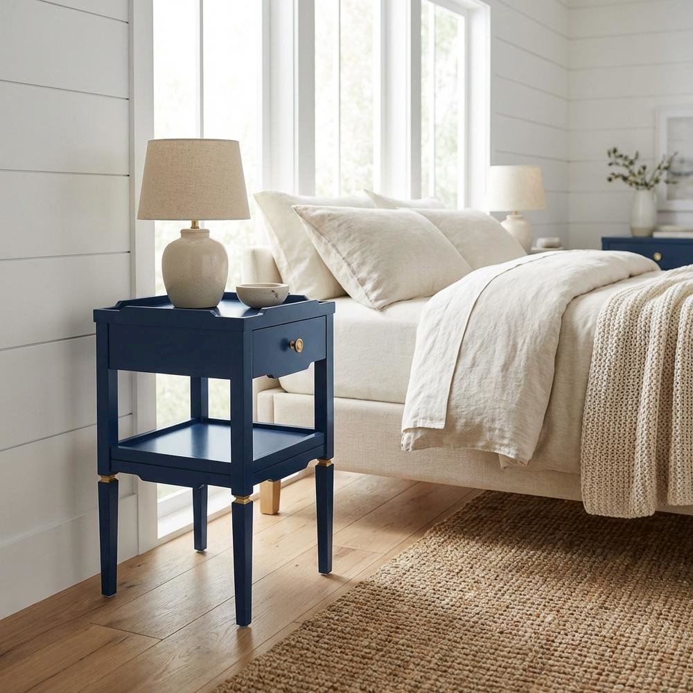 Midnight Blue Nightstand with Gold Hardware and Modern Style