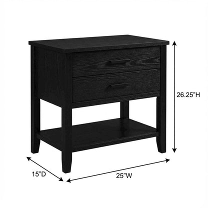 Black Nightstand, 2 Drawers, Modern Design, Sturdy Poplar, Veneer Construction