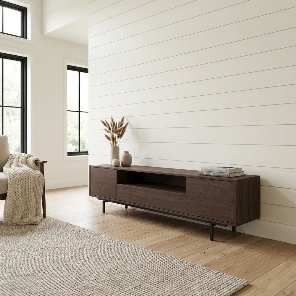Walnut Finish Modern TV Console with 3 Doors in Engineered Wood