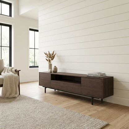 Walnut Finish Modern TV Console with 3 Doors in Engineered Wood
