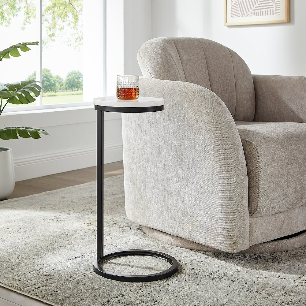 Chalmay  Round Metal Accent Table with Marble Top