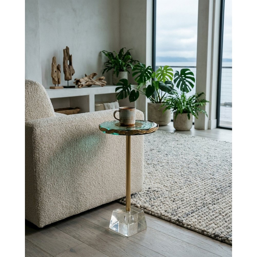 10" Round Accent Table with Textured Glass Top, Gold Leaf Detail